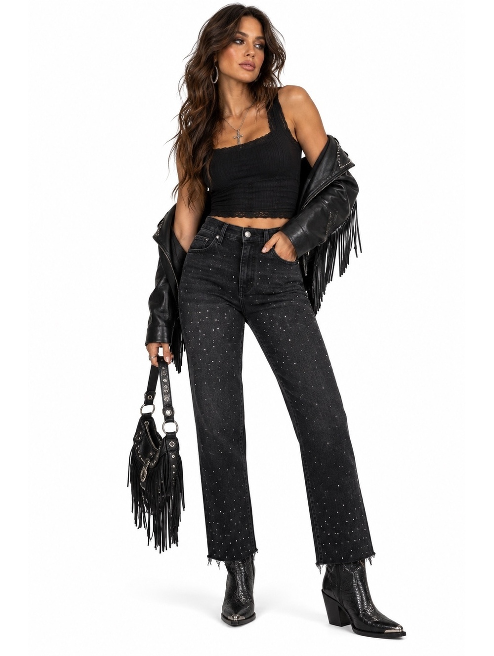 Mavi New York Rhinestone Chew Hem High Rise Straight Jeans Black 27/28